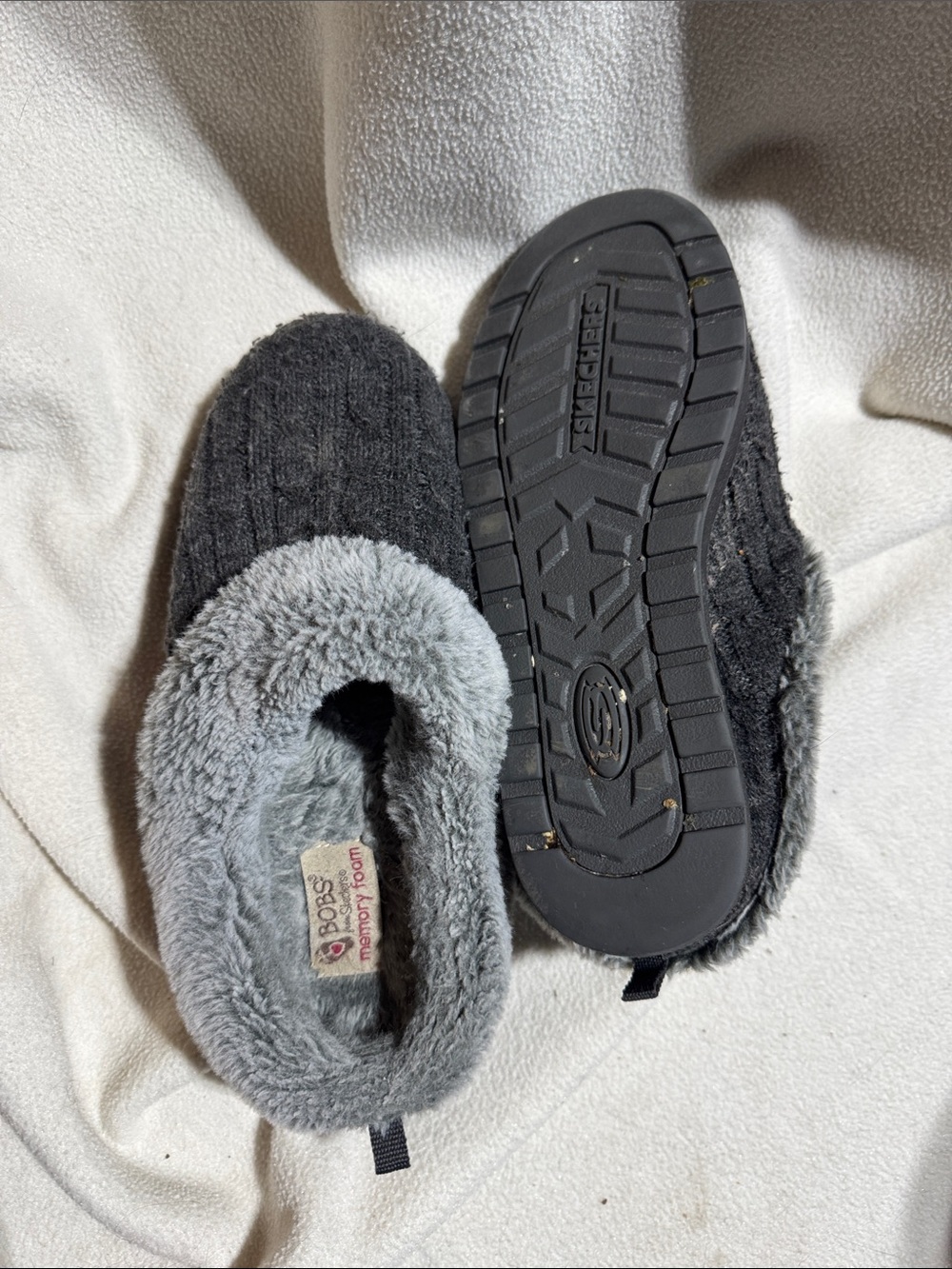 Skechers Black Knit Slippers with Gray Faux-Fur Collar